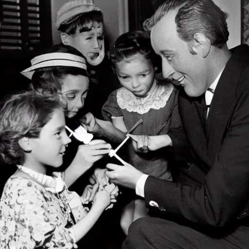 Prompt: Mary Poppins (Julie Andrews) handing children cigars and lighting them