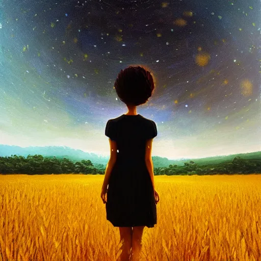 Prompt: giant black daisy flower head, girl walking in wheat field, hills, surreal photography, dark night, star trails, dramatic light, impressionist painting, clouds, digital painting, artstation, simon stalenhag