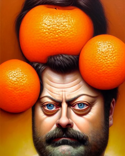 Image similar to detailed portrait of nick offerman as an oranges! ( citrus fruit ) by tomasz alen kopera and peter mohrbacher and johanna martine! and margaret keane! coherent luminescent