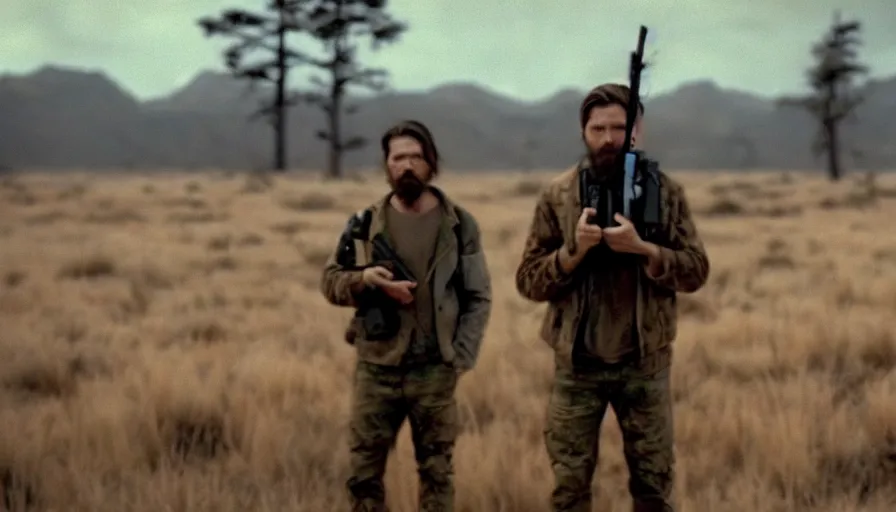 Image similar to lone survivor man holding a radio!! in post - apocalyptic nature landscape. movie screenshot. lush composition by wes anderson, shallow depth of field, cinematic. cinematic composition