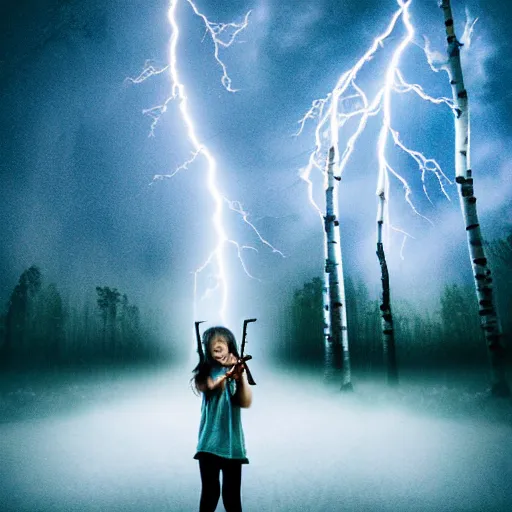 Image similar to young girl playing flute, birch forest clearing, storm at night, lightning dragons attack, low angle facing sky, cinematic, dramatic lighting, big storm clouds, high contrast