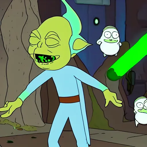 Prompt: yoda as a rick and morty character fighting rick because why not