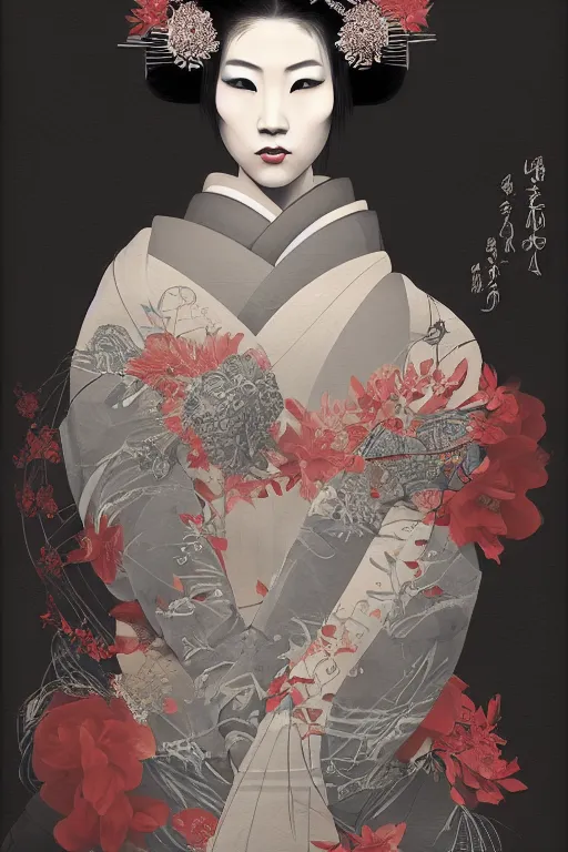 Image similar to A masterpiece portrait of a Incredibly geisha, medium shot, intricate, elegant, highly detailed, trending on artstation, digital art by Ash Thorp