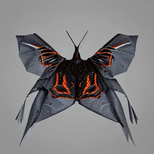 Image similar to a mechanized atlas moth, gunmetal grey, very symmetrical, orthographic view, top down view, bottom view, side view, blueprints, mecha, jet fighter, cybernetic, robotic, highly detailed, artstation, autodesk maya, super realistic, unreal engine