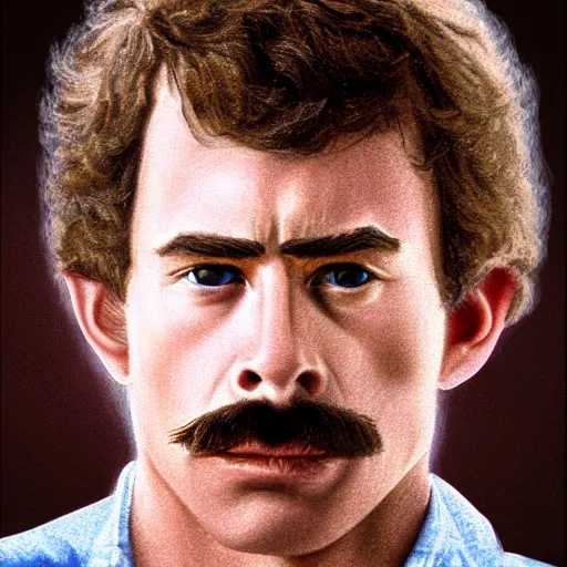 Prompt: film still photo portrait of the lovechild of napoleon dynamite and tom selleck, realistic, hyperrealistic, 8 k resolution, hd quality, very detailed, highly detailed, intricate details, real life, real world, trending on artstation, digital art, really realistic, very realistic, headshot, head in frame, photograph, portrait