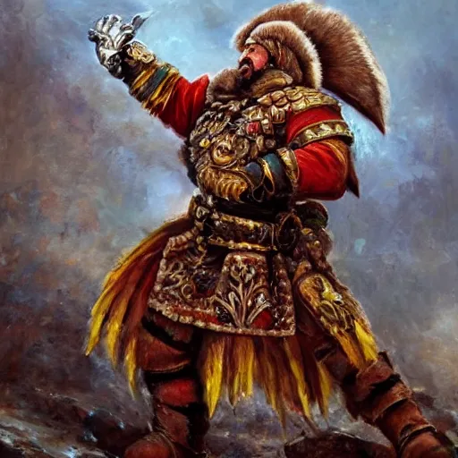 Image similar to a russian warrior who is wearing iron gauntlets in the shape of bear claws in the style of warhammer fantasy : : head and shoulders oil painting