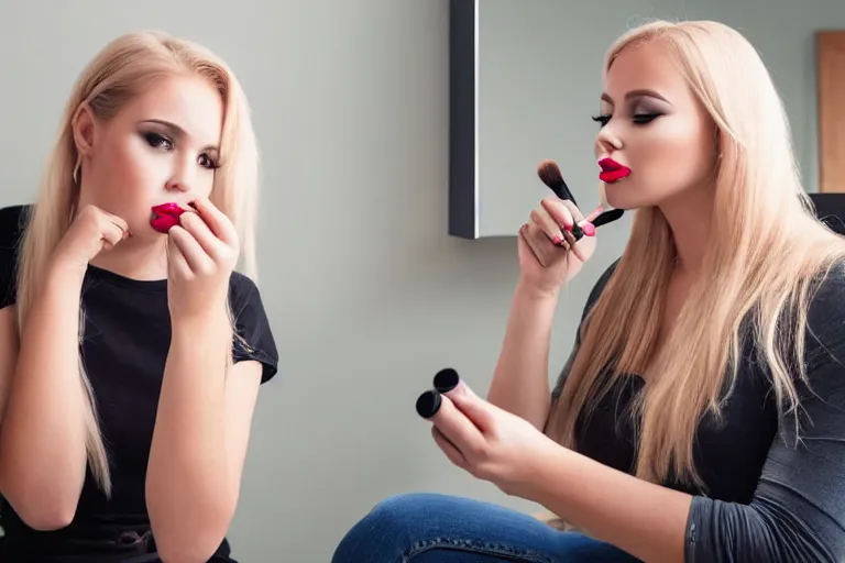 Prompt: young woman putting makeup on, holding lipstick and touching her lips with it, looking at mirror, blonde hair, sitting on a chair