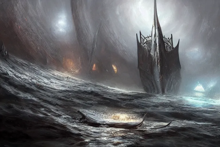 Image similar to Trireme, Charybdis by HR Giger, by Jessica Rossier and cinematic concept painting