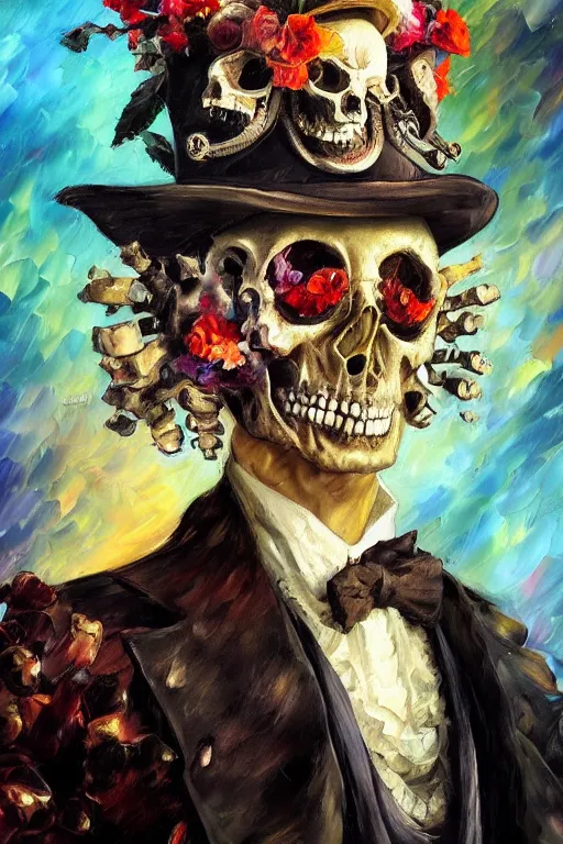 Image similar to palette knife oil painting portrait of a male baroque one - eyed cyborg demon gentleman wearing a tophat decorated with skulls and an arcane halo, floral growth, extreme detail, style by leonid afremov and degas, artstation trending, artgerm, deviant art, octane, substance, art history 8 k