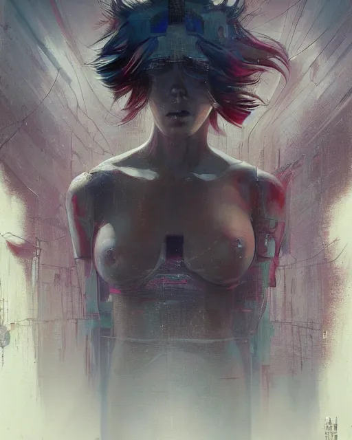 Image similar to a highly detailed epic cinematic concept art CG render digital painting artwork: Ghost in the shell. By Greg Rutkowski, in the style of Francis Bacon and Syd Mead and Norman Rockwell and Beksinski, open ceiling, highly detailed, painted by Francis Bacon and Edward Hopper, painted by James Gilleard, surrealism, airbrush, Ilya Kuvshinov, WLOP, Stanley Artgerm, very coherent, triadic color scheme, art by Takato Yamamoto and James Jean