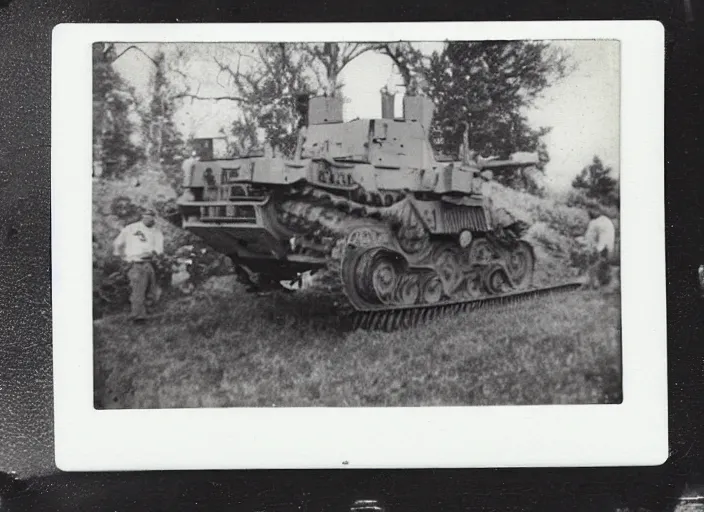 Image similar to found polaroid picture of a world war two 2 legs mech war machine and us soldiers