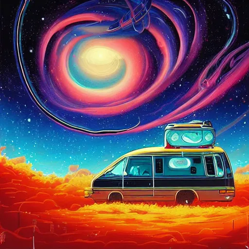 Prompt: Beautiful painting of a cosmic RV driving through space by Dan Mumford, hyperdetailed, trending on Artstation