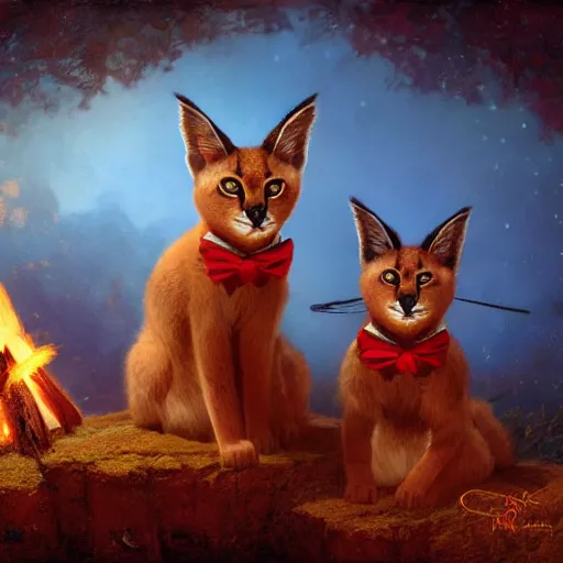 Image similar to three cute caracals wearing red bows and ties, campfire, guitar, night, atmospheric lighting, intricate, volumetric lighting, digital art, highly detailed by gaston bussiere, craig mullins, j. c. leyendecker 8 k