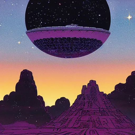 Image similar to a beautiful painting of a large alien shrine shrouded by mystic nebula magic in an asteroid field by hiroshi nagai and vincent di fate and moebius, detailed line art