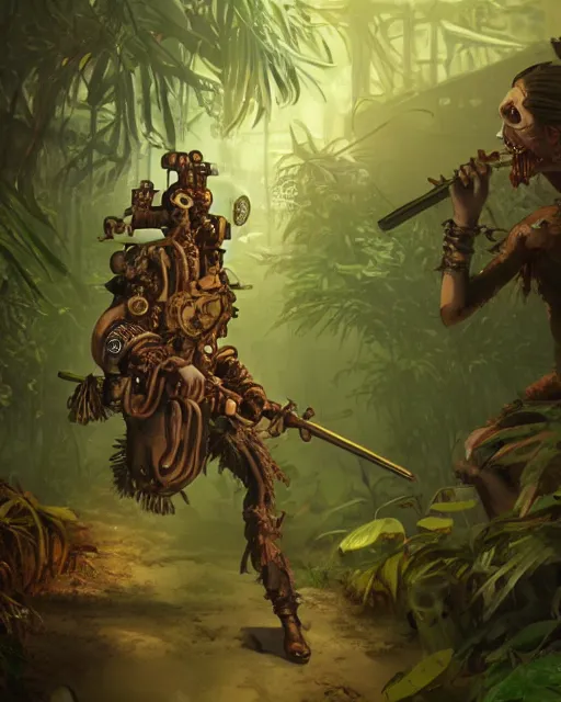 Prompt: illustration of a steampunk zombie warrior in a jungle environment, art by gret rutkowski and studio ghibli and pablo picasso, octane render, trending on artstation, golden ratio, anatomy, studio ghibli color scheme