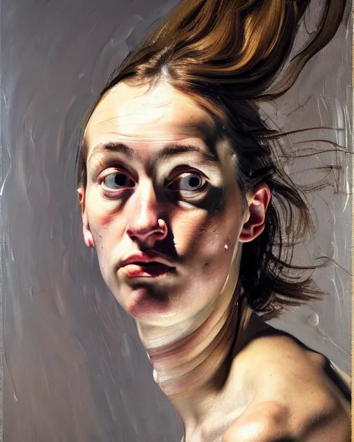 Image similar to a close up portrait a very ordinary young woman with a distracted expression, low angle, facing front, looking up, by Lucian Freud and Jenny Saville, oil painting, anatomically correct, beautiful perfect face, visible brushstrokes, sharp focus, Highly Detailed, Cinematic Lighting, 8k, HD