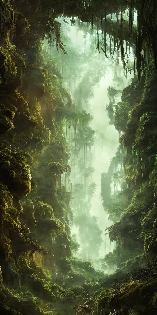 Image similar to Intricate detailed illustration, An oriental rainforest with elemental golems , cinematic lighting, by Philip Hood, wide angle, volumetric light scattering, 8k, artstation, concept art,