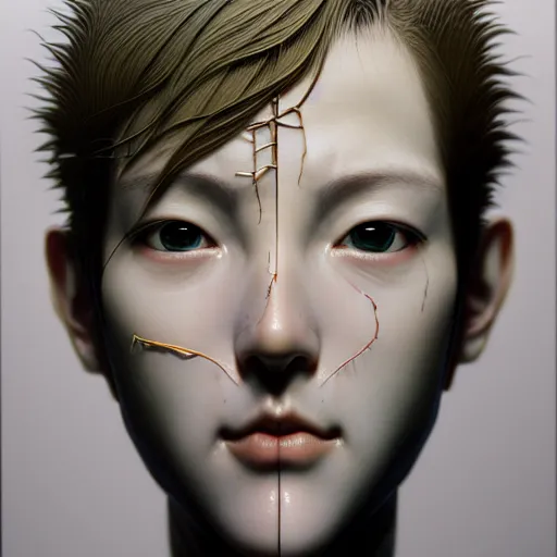 Image similar to prompt : hyperrealist photorealistic 3 d render of persona soft light portrait by takato yamamoto, cyborg parts and broken cables, anatomy atlas, inspired by fables, realistic face, smooth face feature, intricate oil painting, high detail, sharp high detail, manga and anime 2 0 0 0