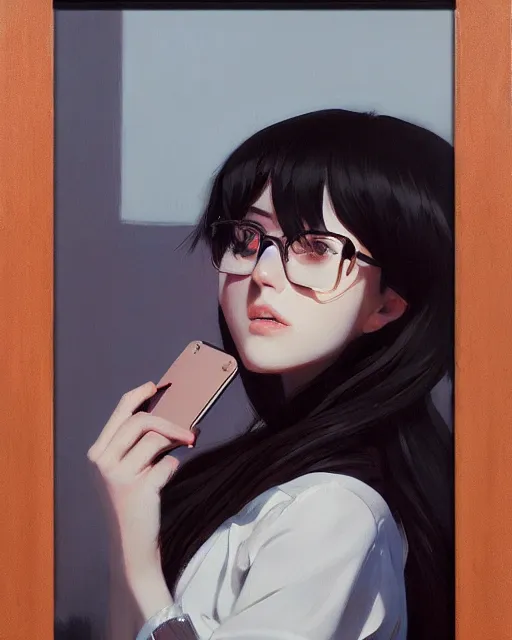 Image similar to A ultradetailed beautiful portrait panting of a stylish girl taking a selfie, Oil painting, by Ilya Kuvshinov, Greg Rutkowski and Makoto Shinkai