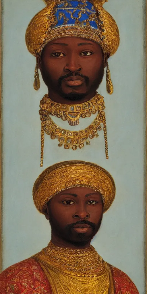 Prompt: a stunning and noble highly detailed romantic period style portrait of mansa musa by charles sillem lidderdale, trending on artstation, oil painting masterpiece, symmetry, mysterious, very very very aesthetic, african iconography