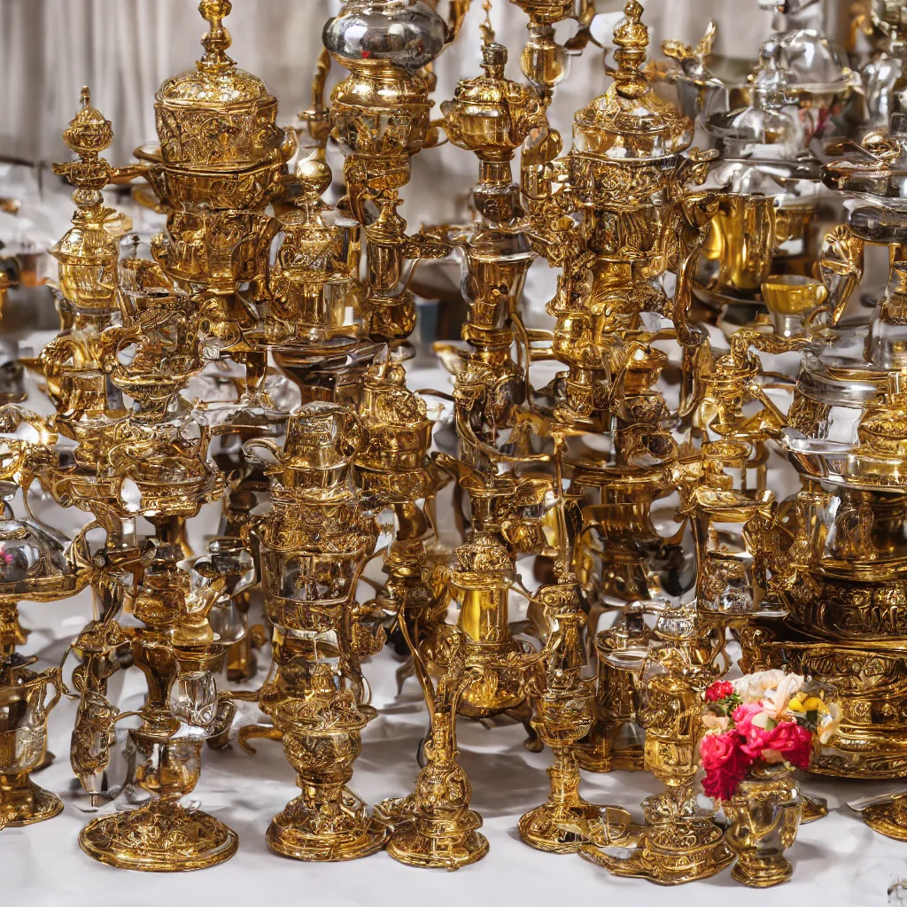 Image similar to mid-distance slight overhead product view of ornate Russian samovar on a table with candles, fruit and flower arrangements, photorealism, metal reflections, DSLR, 20mm lens, professional photography, elite, luxury, five-star, Michelin, photographic, CG Society, deep focus, extreme detail, razor sharp