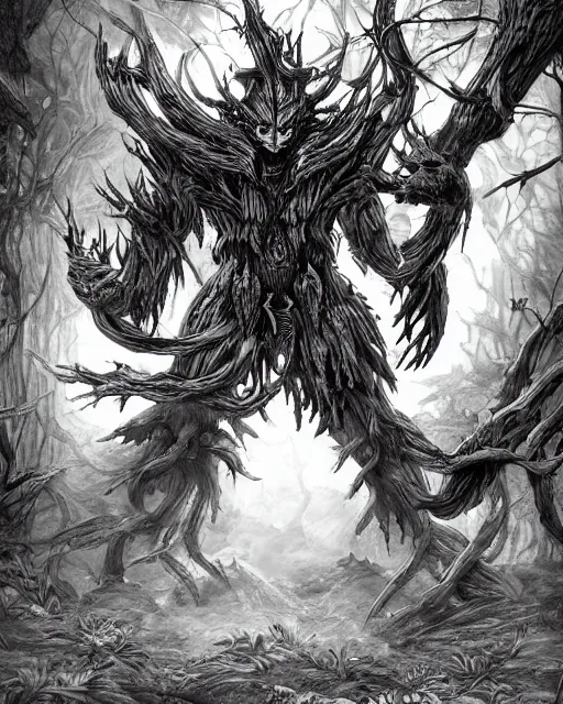 Image similar to A forest elemental, terrifying, black and white, fantasy art, monster art, in the style of masami kurumada, illustration, epic, fantasy, intricate, hyper detailed, artstation, concept art, smooth, sharp focus, ray tracing