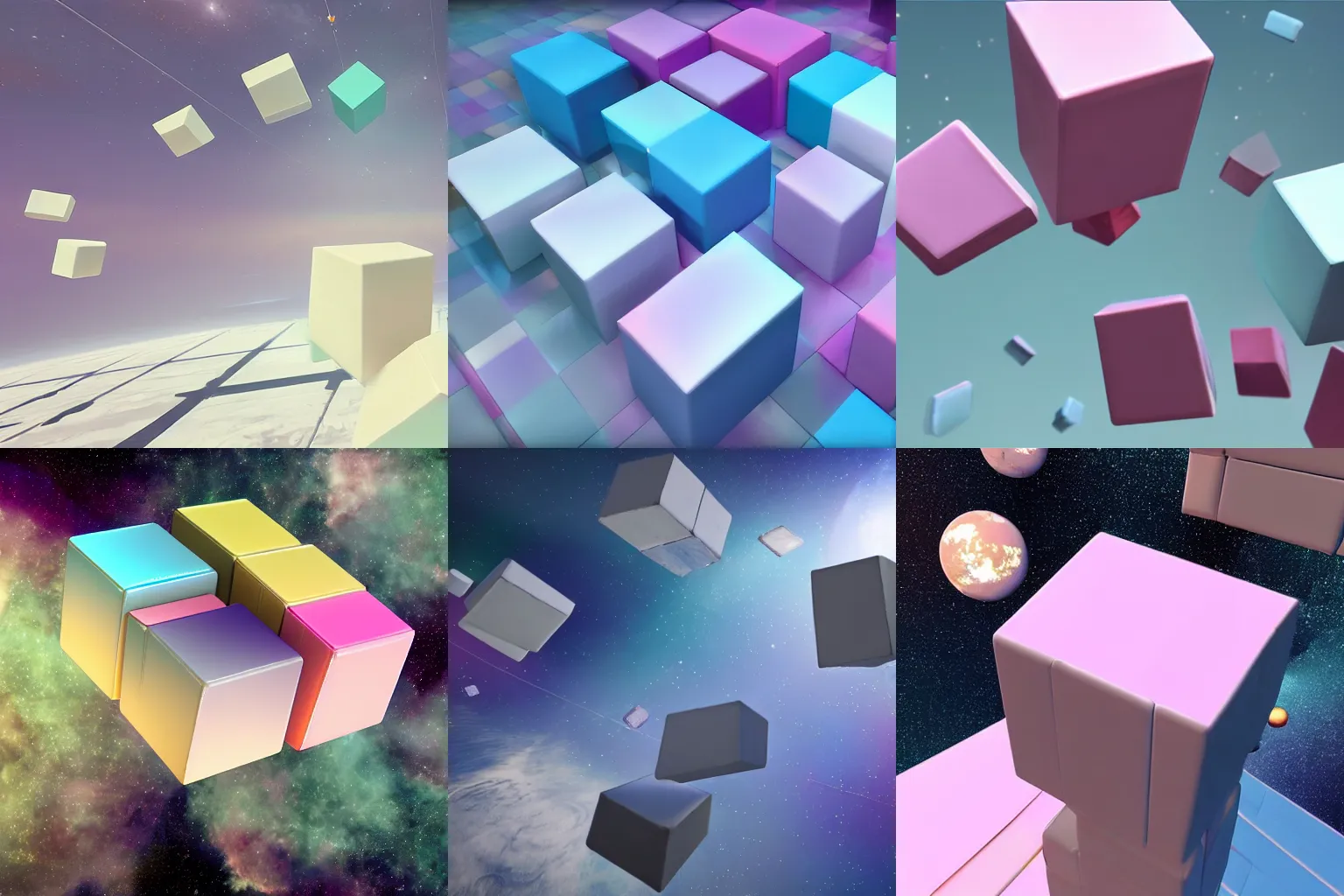 Prompt: huge pastel-colored cubes fly weightlessly in space, 4k ultra detailed realistic quality, volumetric lighting