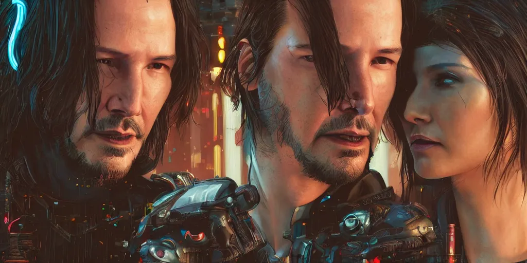 Image similar to a cyberpunk 2077 srcreenshot couple portrait of Keanu Reeves and a female android in final kiss,love,film lighting,by Lawrence Alma-Tadema,Andrei Riabovitchev,Laurie Greasley,Dan Mumford,John Wick,Speed,Replicas,artstation,deviantart,FAN ART,full of color,Digital painting,face enhance,highly detailed,8K,octane,golden ratio,cinematic lighting