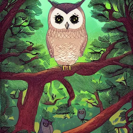 Prompt: a cartoon picture of an owl of athena!! in the woods, a storybook illustration by arabella rankin, behance contest winner, context art, storybook illustration, nightscape, digital illustration