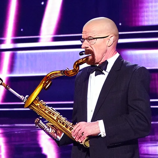 Image similar to walter white playing the saxophone on america's got talent