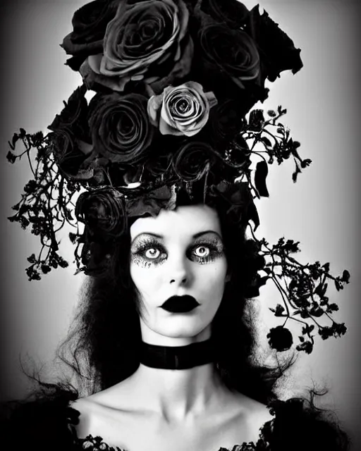 Image similar to dreamy surreal poetic black and white photo of a beautiful young female-cyborg-vegetal-robot with a very long neck and a super big gothic lace collar and a very high big floral crown with many black dry roses by Vivienne Westwood:: smoke, high fashion, haute couture, rococo, avant-garde, elegant, dreamy, hyper realistic, 150 mm lens, soft rim light, octane render, unreal engine, picture was taken in 1910 by Dora Maar, volumetric lighting, dramatic light,8k,