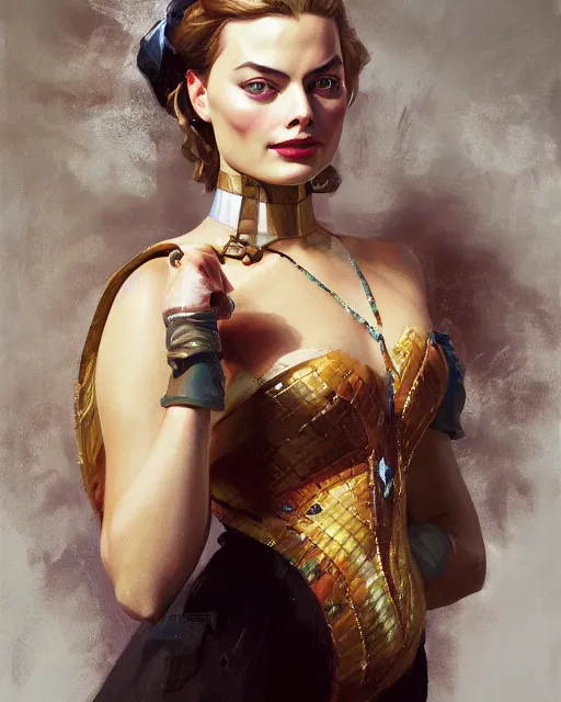 Image similar to Margot Robbie, oil on canvas, artstation, by J. C. Leyendecker and Edmund Blair Leighton and Charlie Bowater, octane