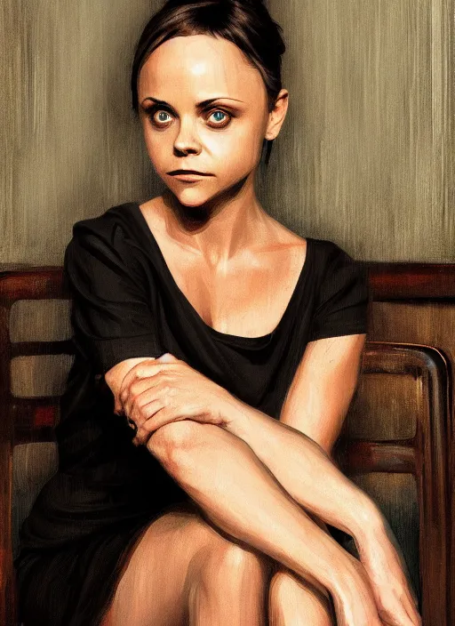 Prompt: christina ricci sitting in the cafeteria, backround dark, highly detailed, digital illustration, trending in artstation, modern painting, smooth, sharp focus, intricate, einar jonsson, ilya repin