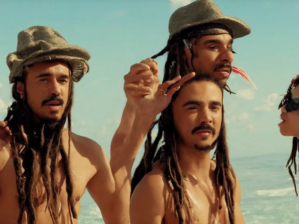 Prompt: Close up of Mario with dreads in a hat in Harmony Korine Spring Breakers film aesthetic!!! photorealistic