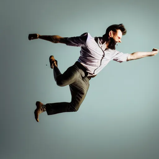 Image similar to an elgant detailed portrait of a man boisterously dancing around the room by himself holding an empty wine bottle as he jumps in the air, striking artistic concept, detailed facial expression, fine detail, dramatic lighting, award-winning photo UHD, 4K