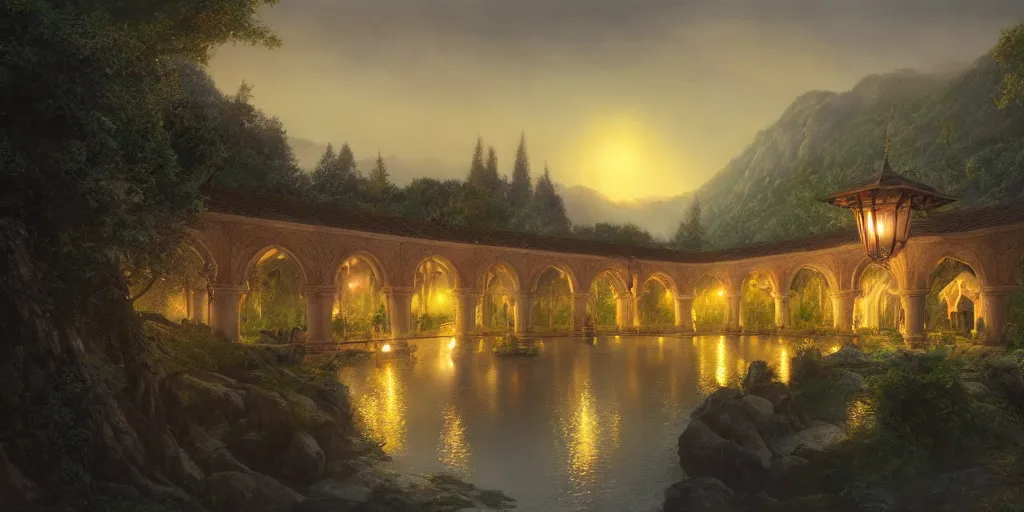 Prompt: The Pavilion in Rivendell, evening, detailed matte painting, cinematic, Alan Lee, Artstation