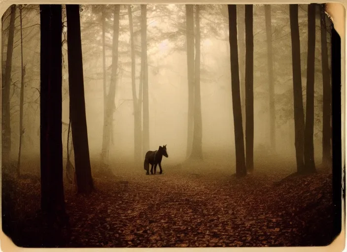 Image similar to medium shot, an evil horse is walking, woods, horror, fog, polaroid photo, vintage, neutral colors, by gregory crewdson,