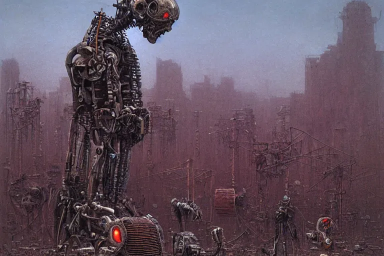 Prompt: tobots cyborgs scrapyard by beksinski