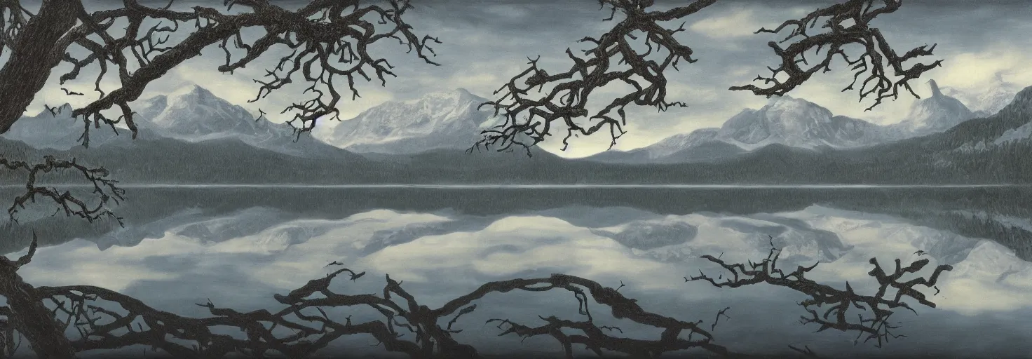 Image similar to escher painting of a lake, big trees reflecting on lake surface, mountains at background, snowy, ultra sharp, ultra detailed, dark emotion, colorized by salvador