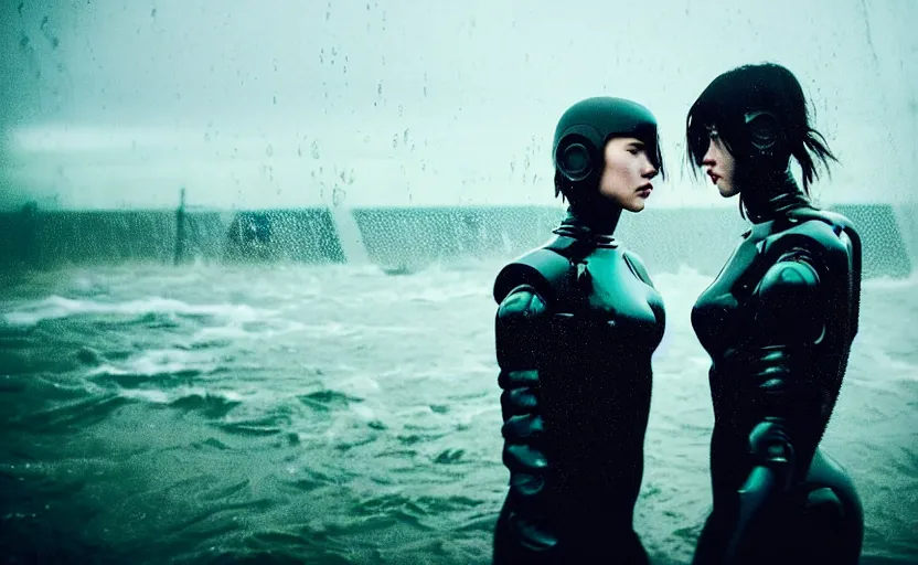 Image similar to cinestill 5 0 d candid action photographic portrait by christopher nolan of two loving female androids wearing rugged black mesh techwear in treacherous waters, extreme closeup, modern cyberpunk retrofuturism moody emotional cinematic, pouring iridescent rain, 8 k, hd, high resolution, 3 5 mm, f / 3 2, motion blur, ultra realistic faces, ex machina