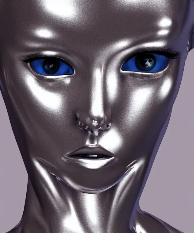 Prompt: realistic portrait of a silver robot is watching tv and tv displays a victoria's secret model in detail and the robot's face is partially moprhed into an exact copy of the model, realistic, 4 k