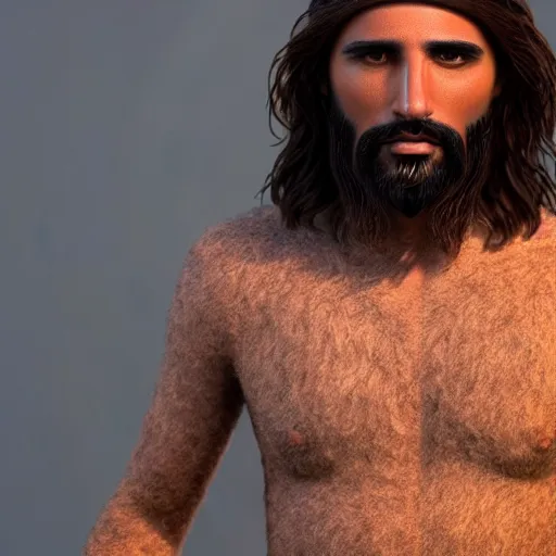 Image similar to Olive skin, Mediterranean man, style of Jesus Christ, Wooly, coarse brown hair, masterpiece, wearing toga. Ultra photo realistic, realism, 4k