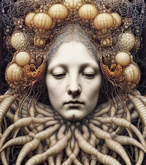 Image similar to detailed realistic beautiful fungi goddess face portrait by jean delville, gustave dore, iris van herpen and marco mazzoni, art forms of nature by ernst haeckel, art nouveau, symbolist, visionary, gothic, neo - gothic, pre - raphaelite, fractal lace, intricate alien botanicals, ai biodiversity, surreality, hyperdetailed ultrasharp octane render