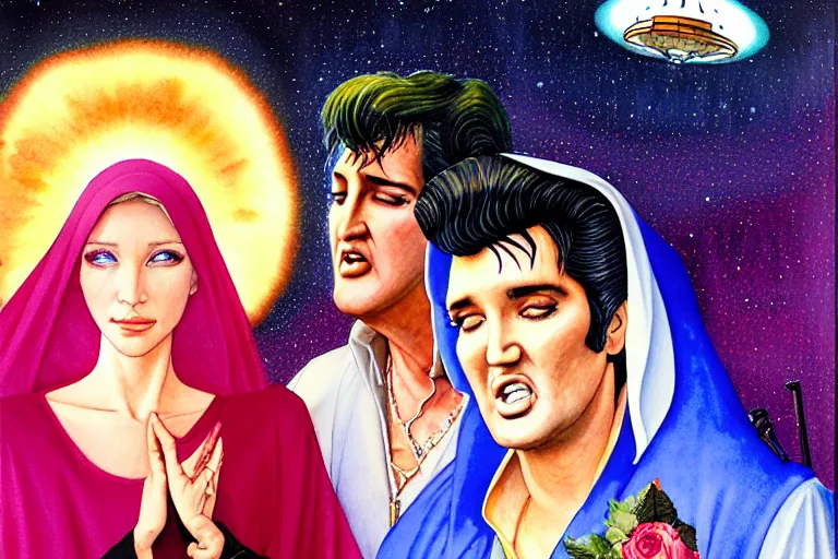 Prompt: a hyperrealist watercolour character concept art portrait of the virgin mary and elvis on well lit night in las vegas, nevada. there is a ufo. roses adorn. by rebecca guay, michael kaluta, charles vess and jean moebius giraud