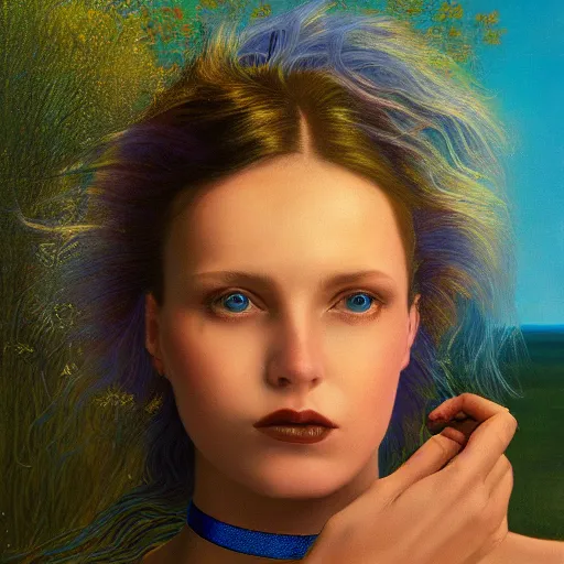 Prompt: A beautiful portrait of a woman with iridescent skin wearing a black leather choker by James C. Christensen, scenic environment and blue hair