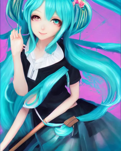 Image similar to A very beautiful painting of Hatsune Miku by rossdraws, wlop, artgerm, Gil Elvgren, Ilya kuvshinov