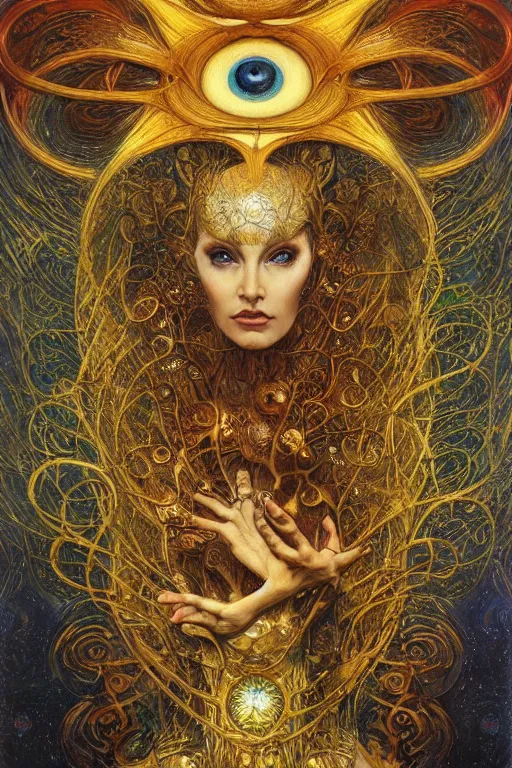 Image similar to Divine Chaos Engine by Karol Bak, Jean Deville, Gustav Klimt, and Vincent Van Gogh, beautiful visionary mystical portrait, sacred, otherworldly, fractal structures, ornate gilded medieval icon, third eye, spirals