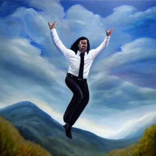 Image similar to a hyper realistic painting of nick cave floating in the sky above mountains