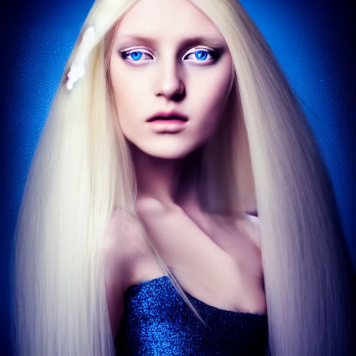 Image similar to simulating photography of a beautiful woman with long blond hair dressed in long white, fine art photography light painting in style of Paolo Roversi, professional studio lighting, volumetric lighting, dark blue background, hyper realistic photography, fashion magazine style