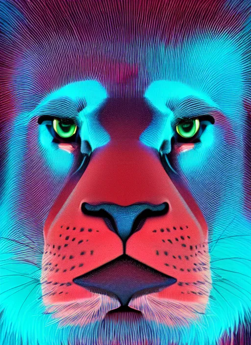 Image similar to a close up of a red lion's face with blue eyes, an album cover by jacob toorenvliet, featured on behance, cubo - futurism, rendered in cinema 4 d, sketchfab, rendered in maya, red shift, synthwave, by enguerrand quarton, by alesso baldovinetti, 3 d render, holography,